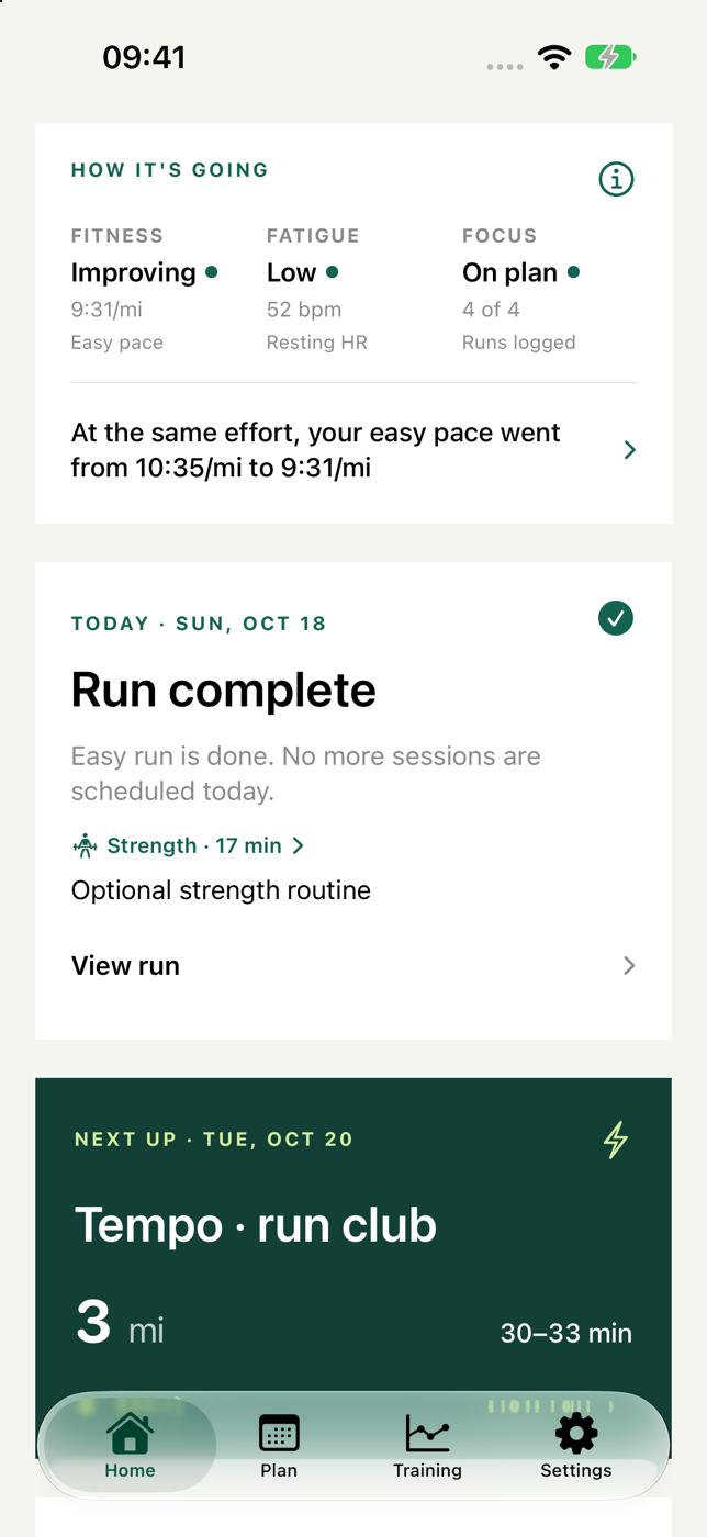 Coach Home screen with the next planned run and recent training. Synthetic example.